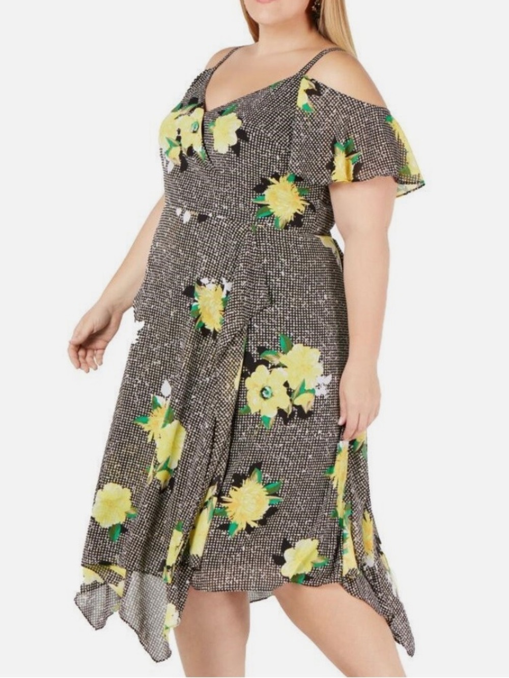 INC International Concepts Yellow Floral Cold-Shoulder Midi Dress size 18